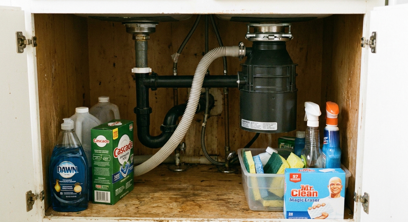 A real photo under a kitchen sink showing a dishwasher drain hose connected to a garbage disposal inlet with a metal hose clamp, household cleaning items nearby