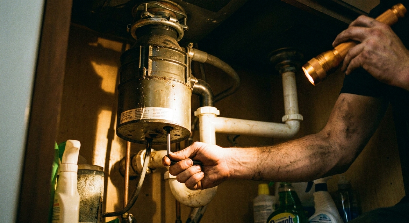 A real photo under a kitchen sink showing a hand using an Allen wrench in the bottom hex socket of a garbage disposal, with a flashlight glow