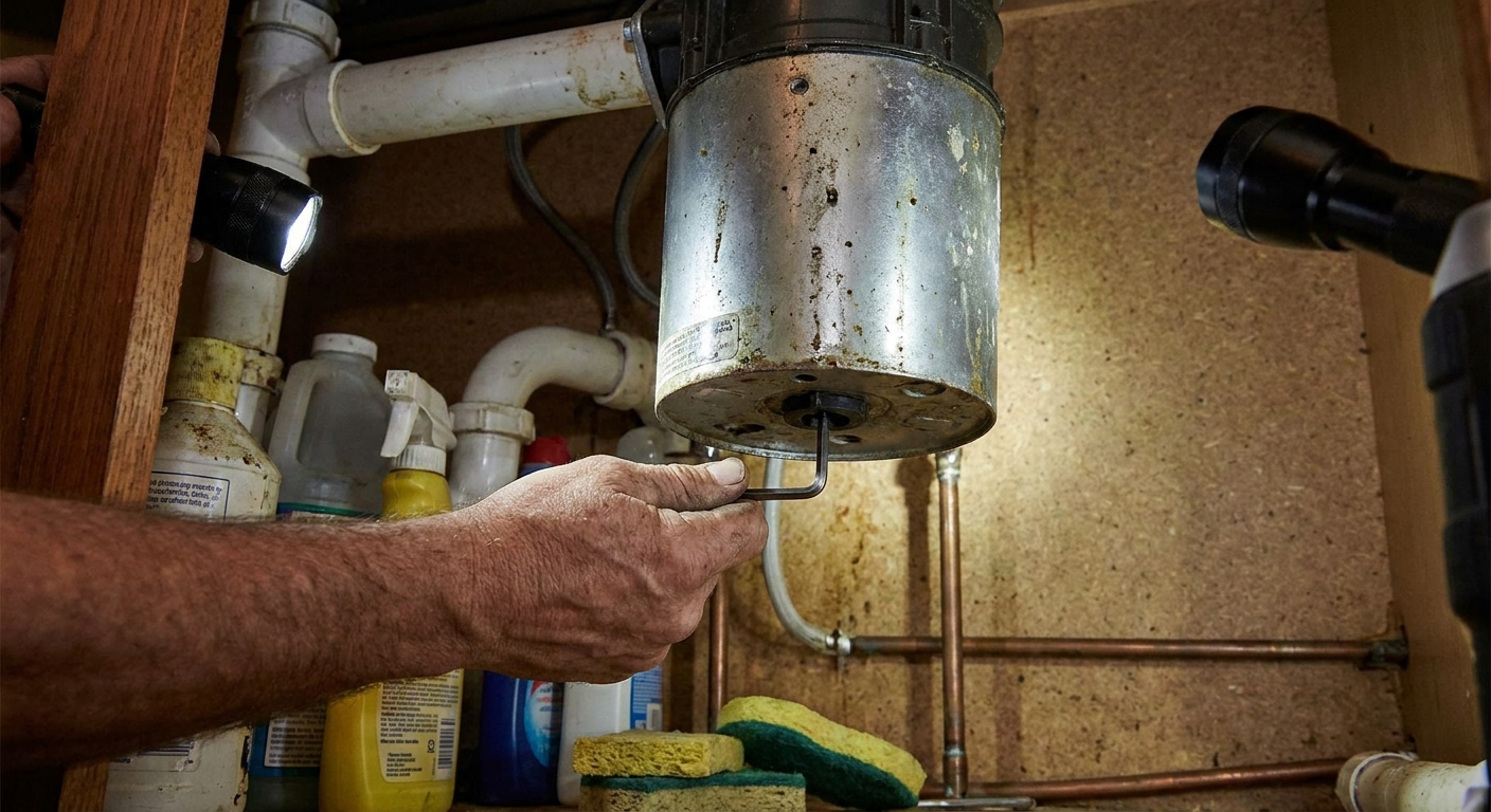 A real photo under a kitchen sink showing a hand using an Allen wrench in the bottom socket of a garbage disposal