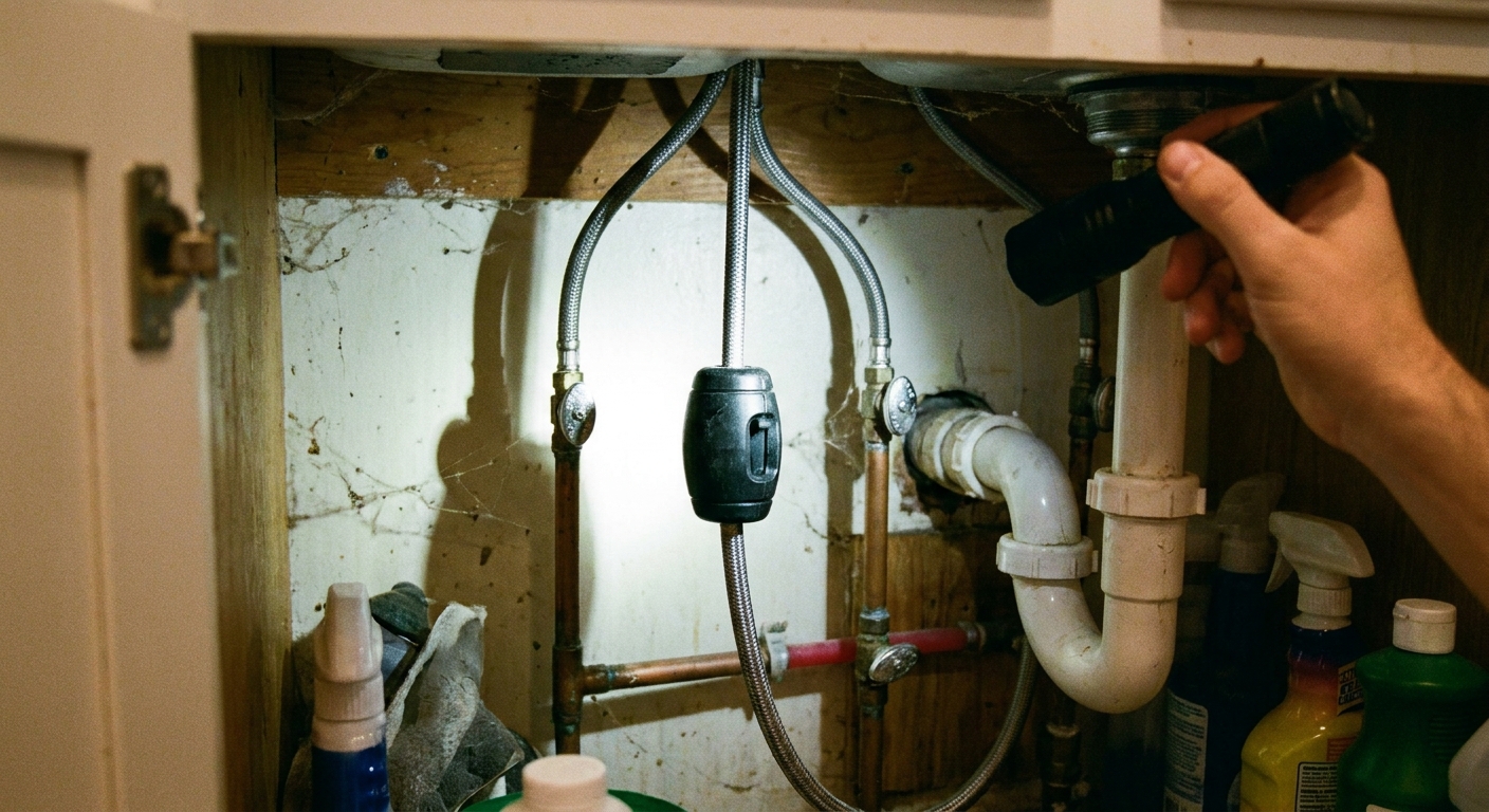 A real photo under a kitchen sink showing a pull-down faucet sprayer hose, the sliding hose weight, and supply lines, with a flashlight illuminating the cabinet interior