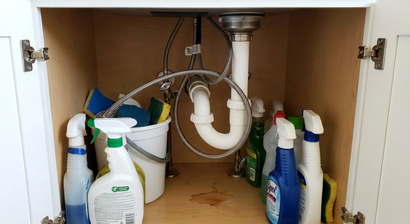 A real photo under a kitchen sink showing a pull-down sprayer hose caught against the drain trap and cabinet items, preventing smooth retraction