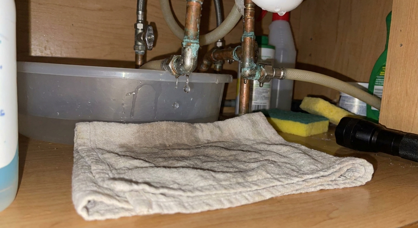 A real photo under a kitchen sink showing a towel placed beneath faucet hose connections to catch a small leak, with visible water droplets on the pipe