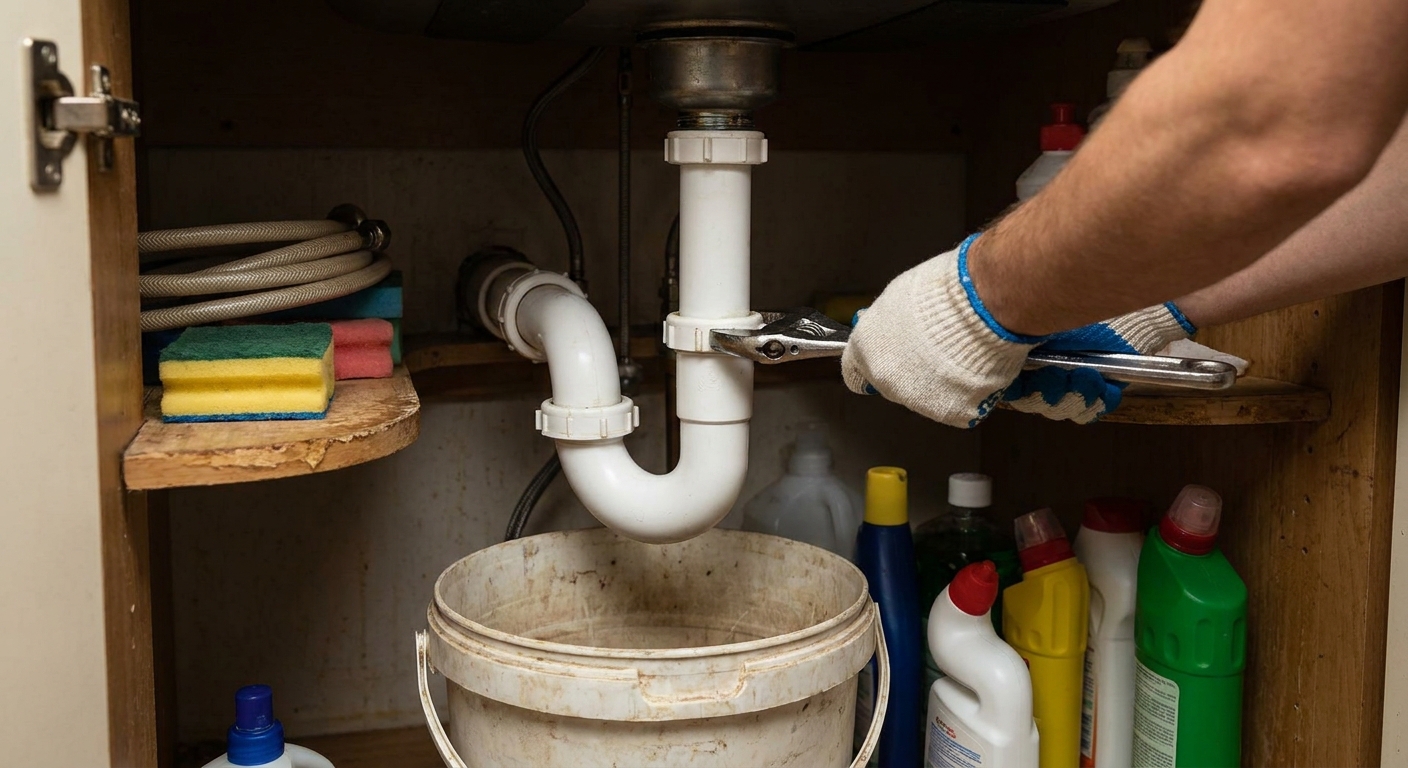 A real photo under a kitchen sink with a bucket placed beneath the P-trap as a person loosens the slip nuts, cabinet items neatly moved aside