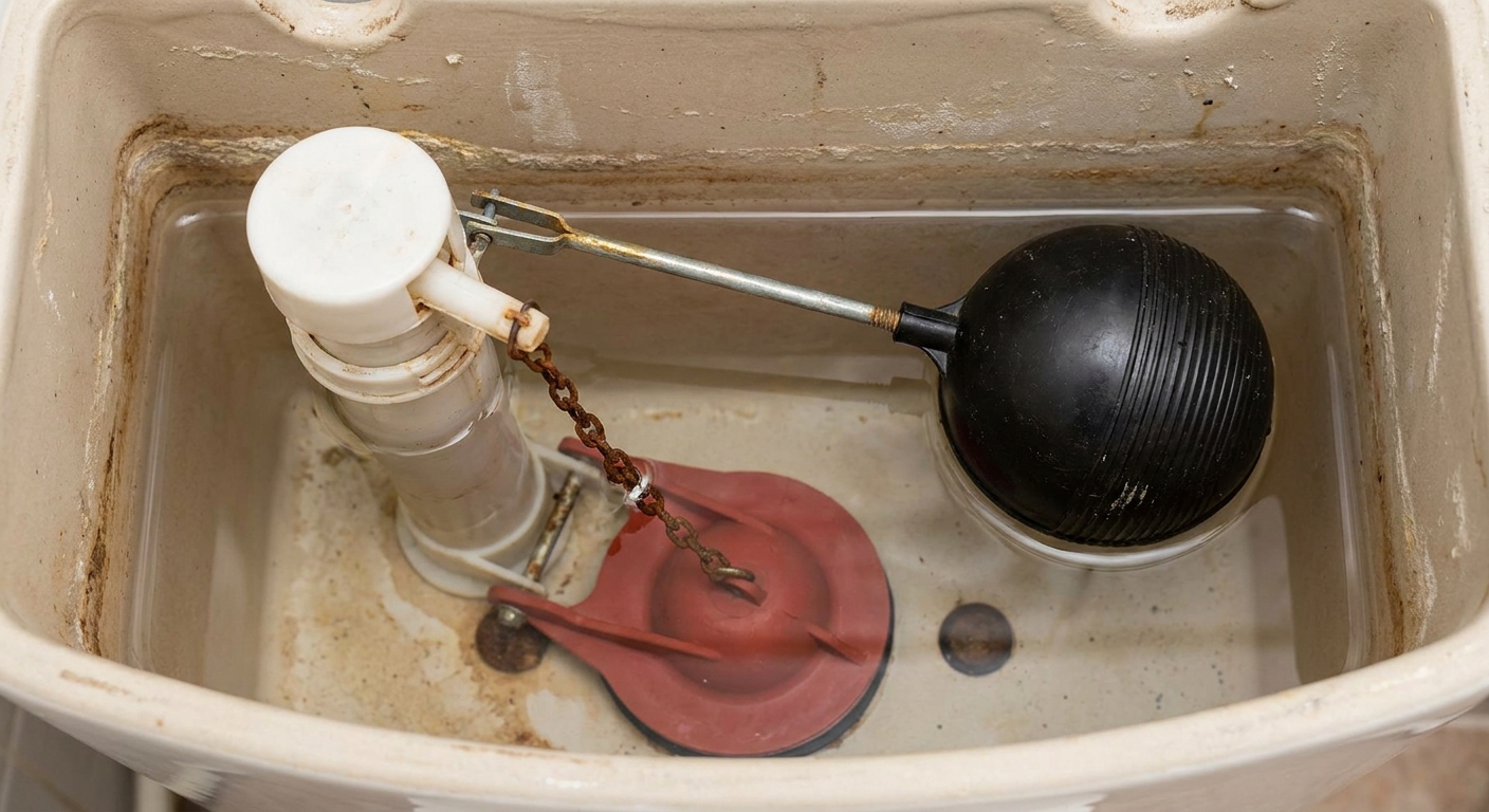 A real photograph close-up inside a toilet tank showing the flapper at the bottom, the chain, and a float mechanism beside the fill valve