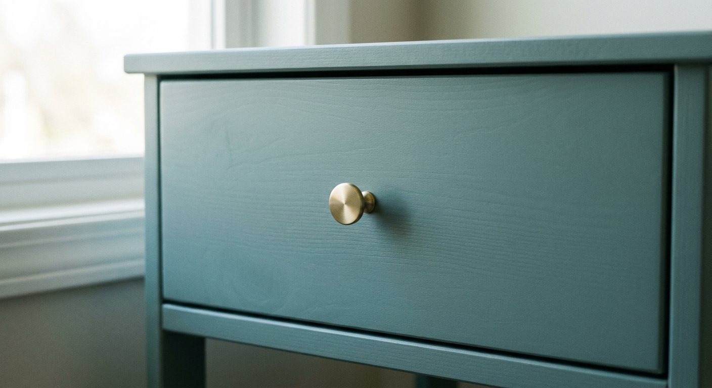 A real photograph close up of an IKEA Tarva nightstand painted in a satin finish, showing smooth brush-free texture and a simple metal knob