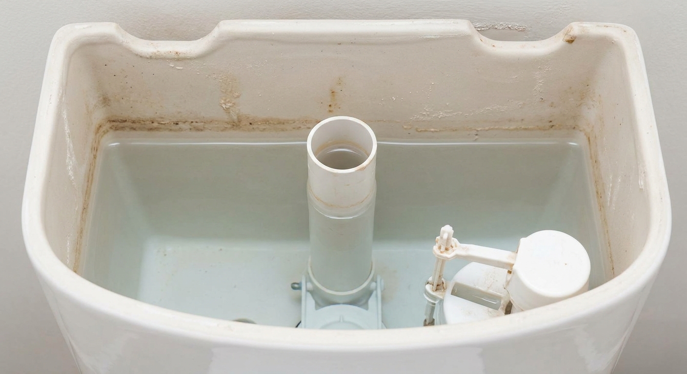 A real photograph inside a toilet tank showing the overflow tube and the water level sitting just below it