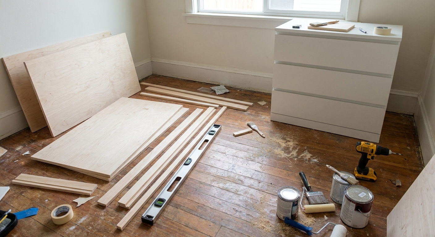 A real photograph of DIY tools and trim pieces laid out on a floor next to an assembled IKEA MALM dresser, showing plywood panels, a level, drill, and paint supplies