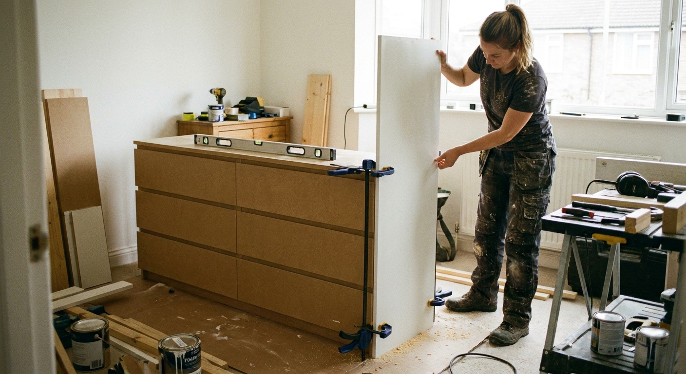A real photograph of a DIYer holding a tall painted MDF filler panel against the side of an IKEA MALM dresser run, with clamps and a level visible