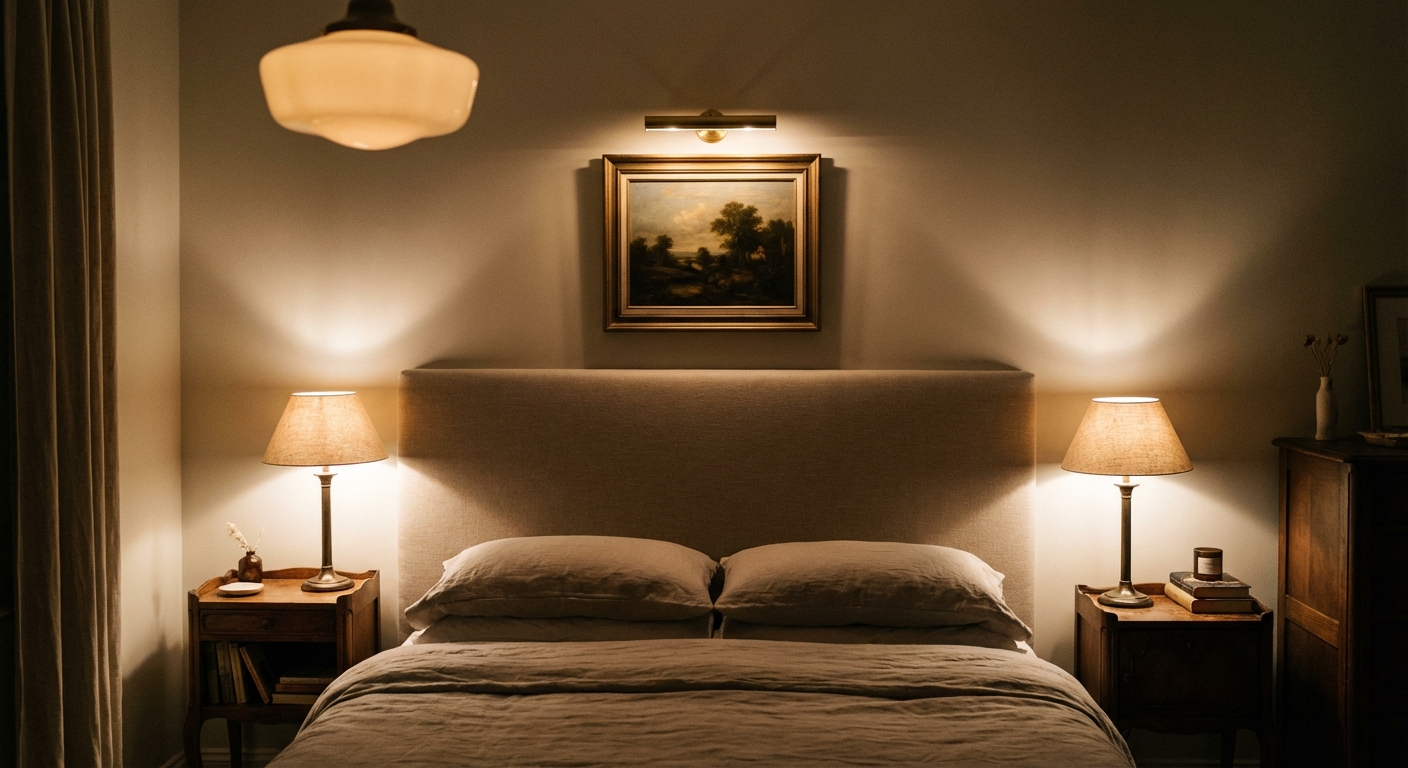 A real photograph of a bedroom with two bedside lamps, a dim ceiling light, and a small picture light shining on framed art above the headboard, creating layered warm light