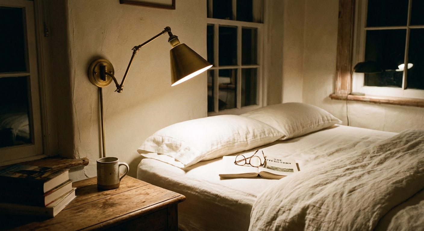 A real photograph of a bedside wall-mounted swing-arm sconce aimed at an open book, with warm light pooling on crisp bedding and a wooden nightstand