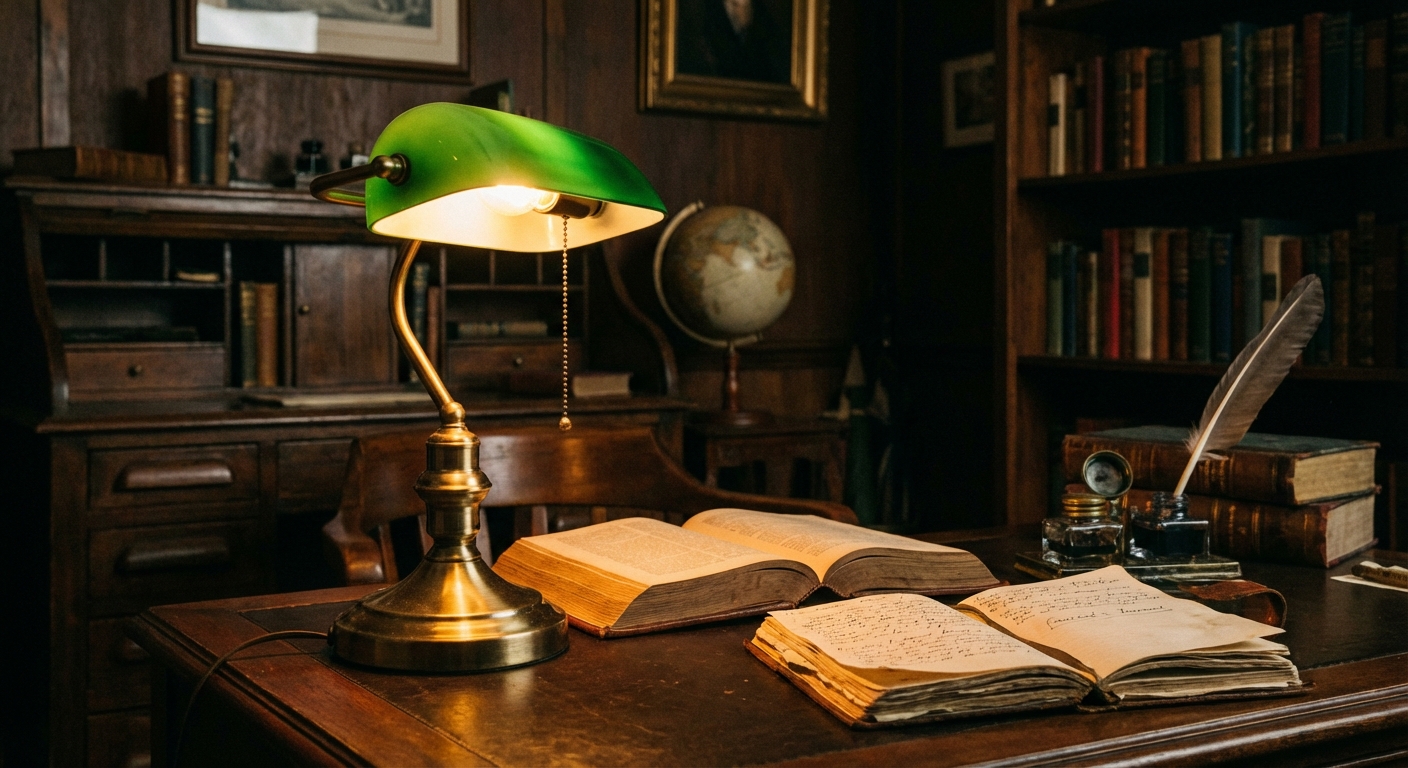 A real photograph of a brass desk lamp casting a warm amber glow over an open book and notebook on a dark wood desk