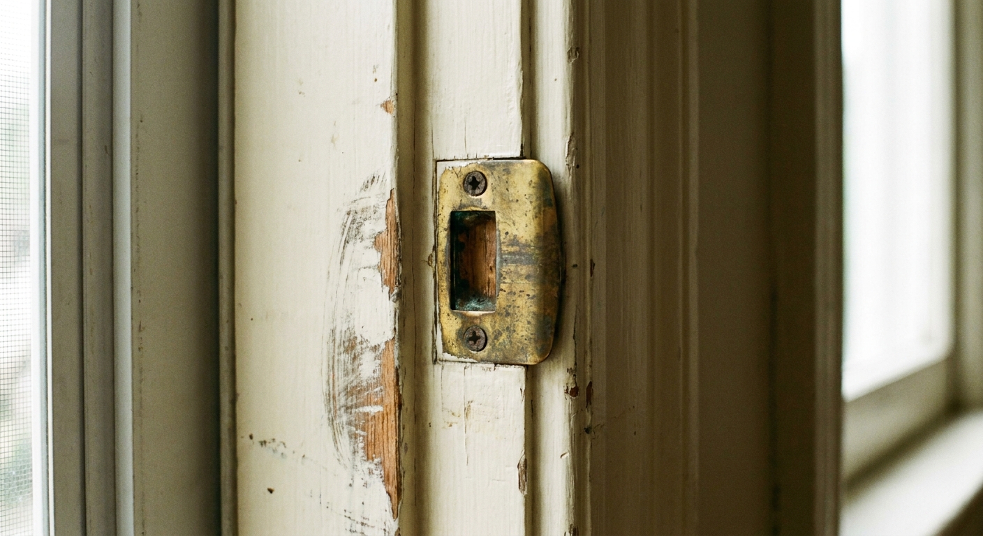A real photograph of a brass strike plate on a painted door jamb with visible rub marks where the latch has been hitting, shot in natural daylight