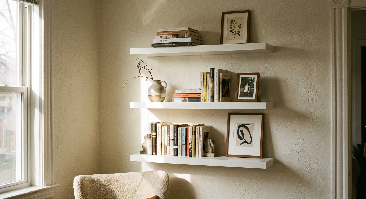 A real photograph of a bright living room wall with three IKEA LACK floating shelves installed in a clean vertical stack, styled with books, a small ceramic vase, and framed art, warm natural light