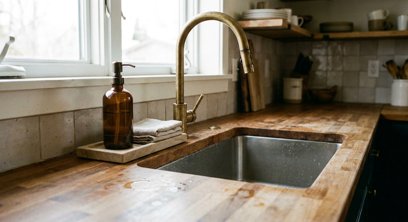 A real photograph of a butcher block countertop around a stainless steel sink with a small stone tray holding a soap dispenser and a neatly folded towel beside the faucet