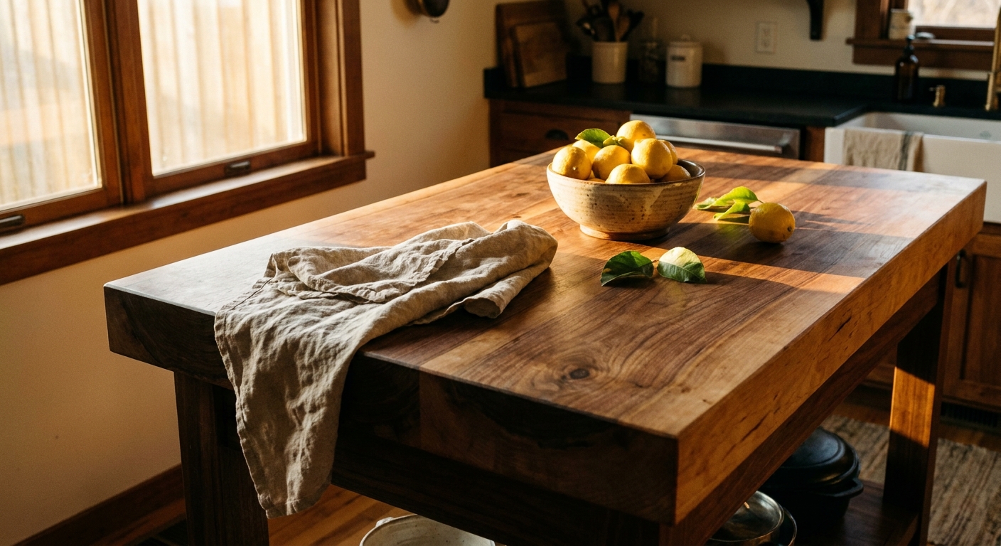 A real photograph of a butcher block kitchen island in warm morning light with a folded linen towel, a small bowl of lemons, and a subtle natural wood grain pattern