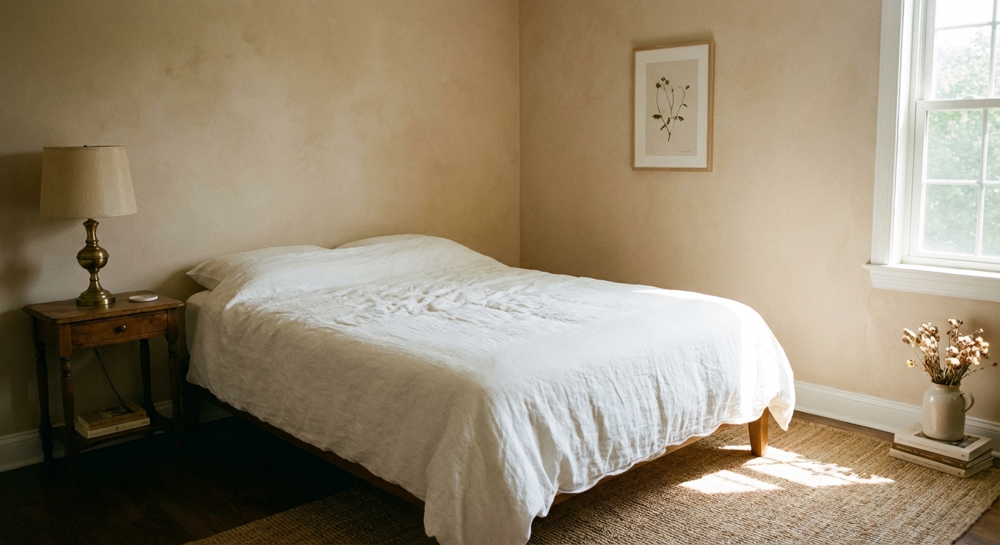 A real photograph of a calm guest bedroom with warm beige walls, a white duvet, a vintage brass bedside lamp, and a simple framed artwork above the bed