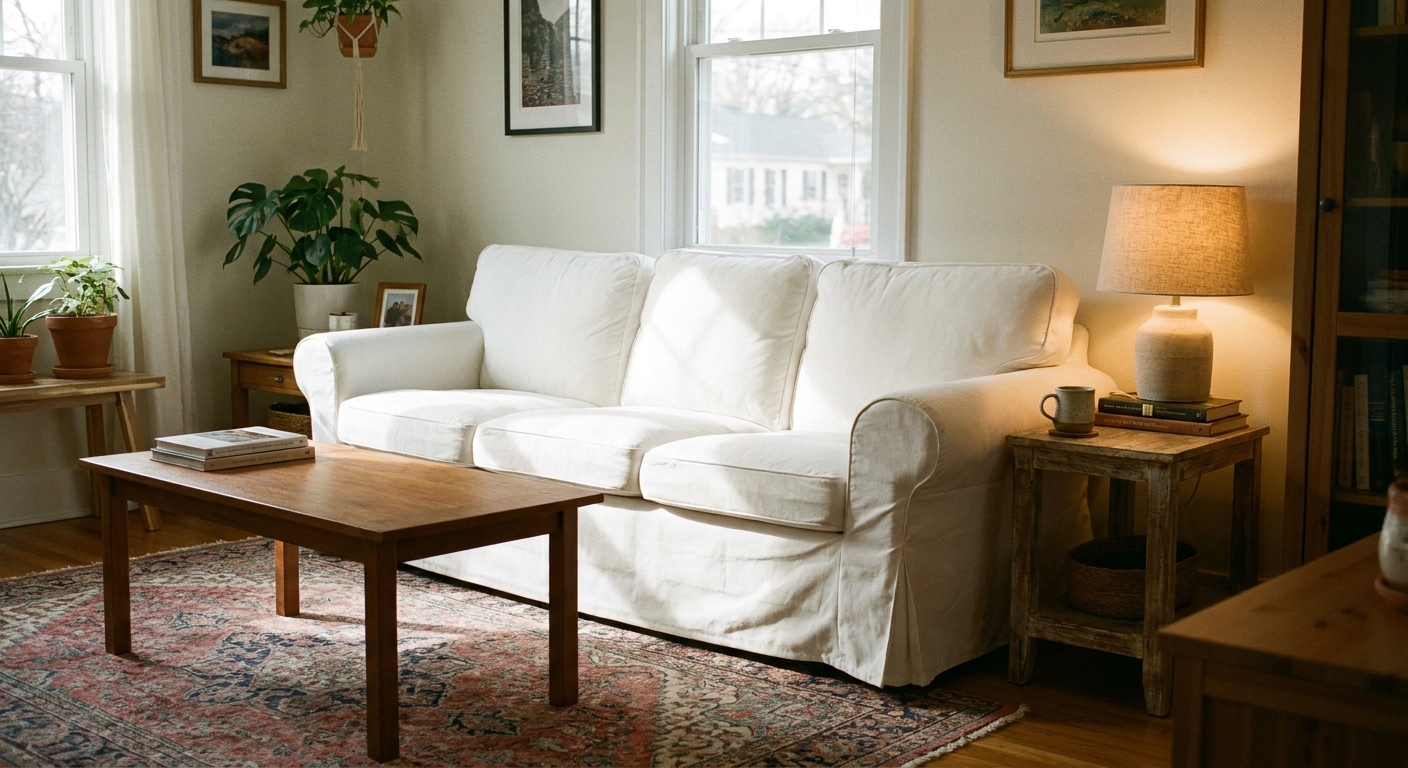 A real photograph of a clean IKEA EKTORP sofa with neatly fitted slipcovers in a cozy sunlit living room with a vintage rug and a warm table lamp