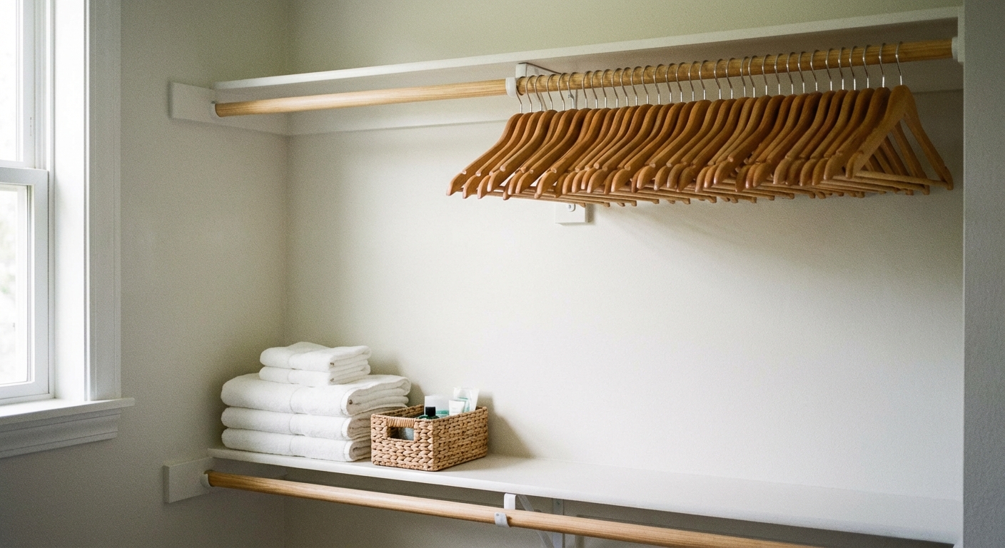 A real photograph of a clean guest bedroom closet with a row of matching wooden hangers, a small shelf with extra towels, and open space ready for a visitor's clothing