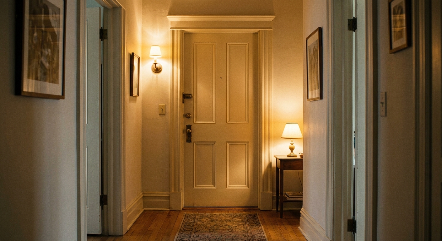 A real photograph of a closed interior door in a softly lit apartment hallway with warm ambient lighting and clean trim details