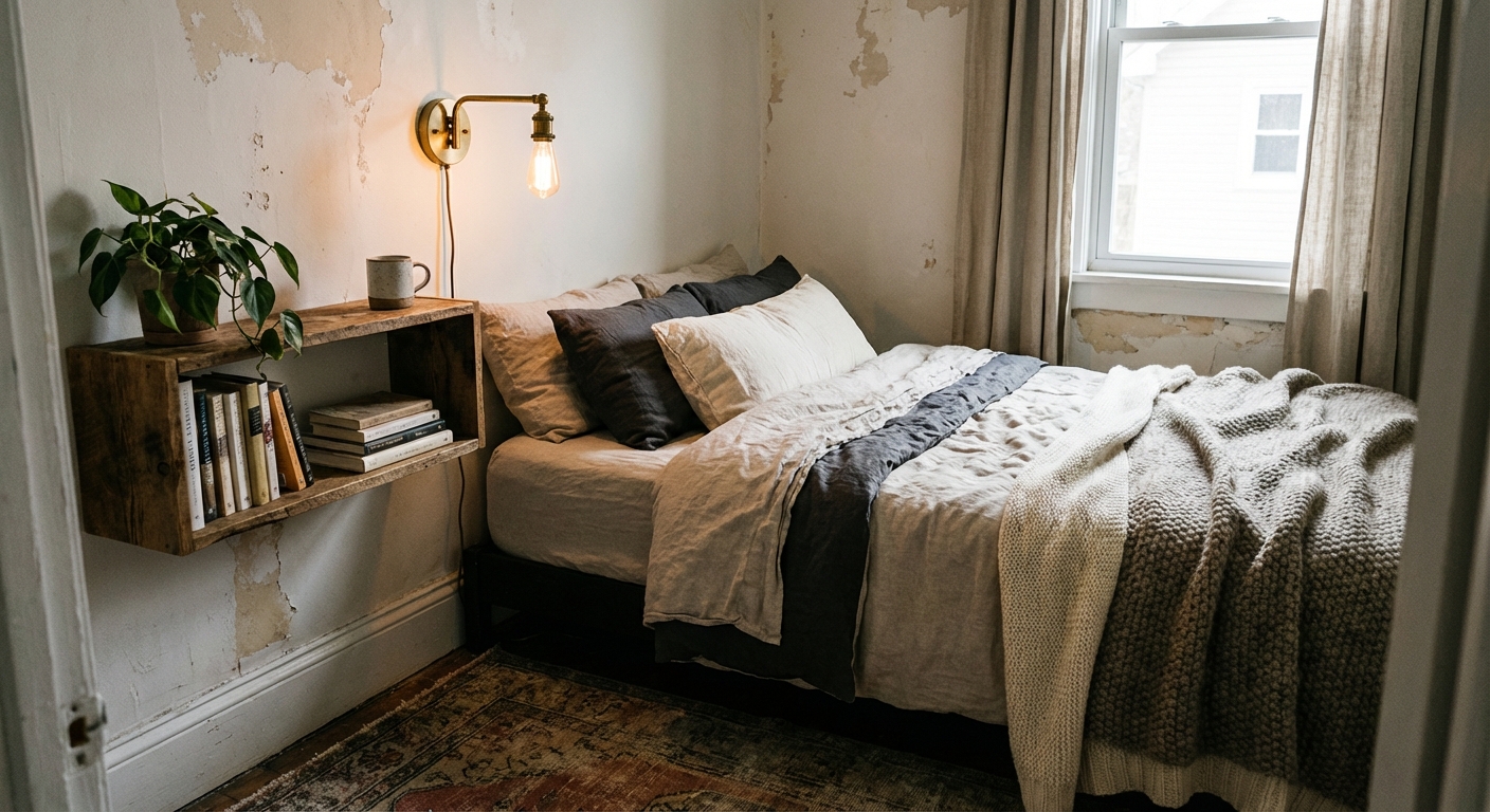 A real photograph of a compact bedroom corner with a wall-mounted bedside shelf, a plug-in swing-arm sconce above it, and a neatly made bed with textured linen bedding