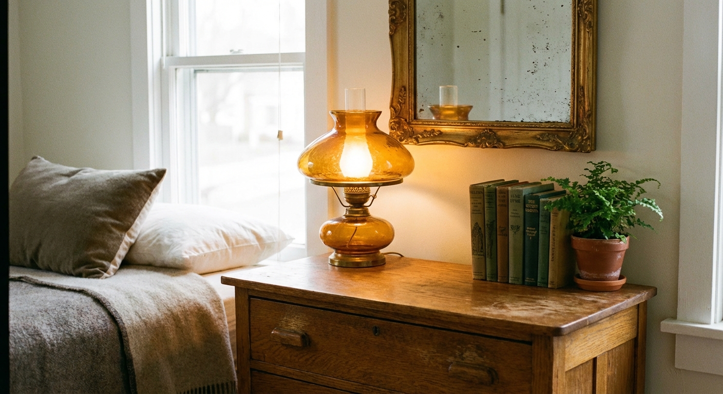 A real photograph of a cozy bedroom corner with a vintage amber glass table lamp glowing on a wooden dresser beside a small stack of books and an antique mirror