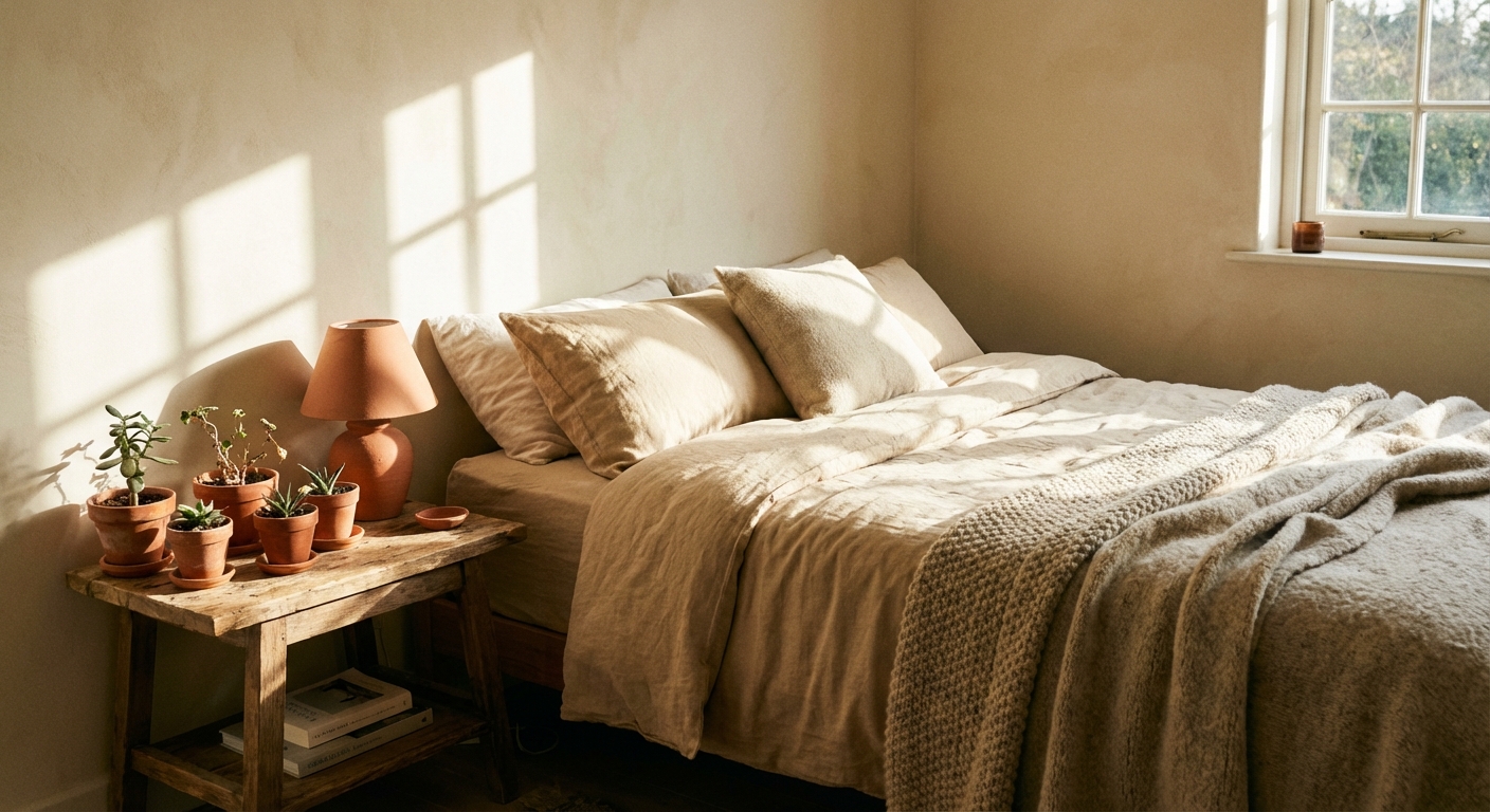 A real photograph of a cozy bedroom with cream walls, sand-colored textiles, and small terracotta accents on a wooden nightstand, photographed in warm afternoon light