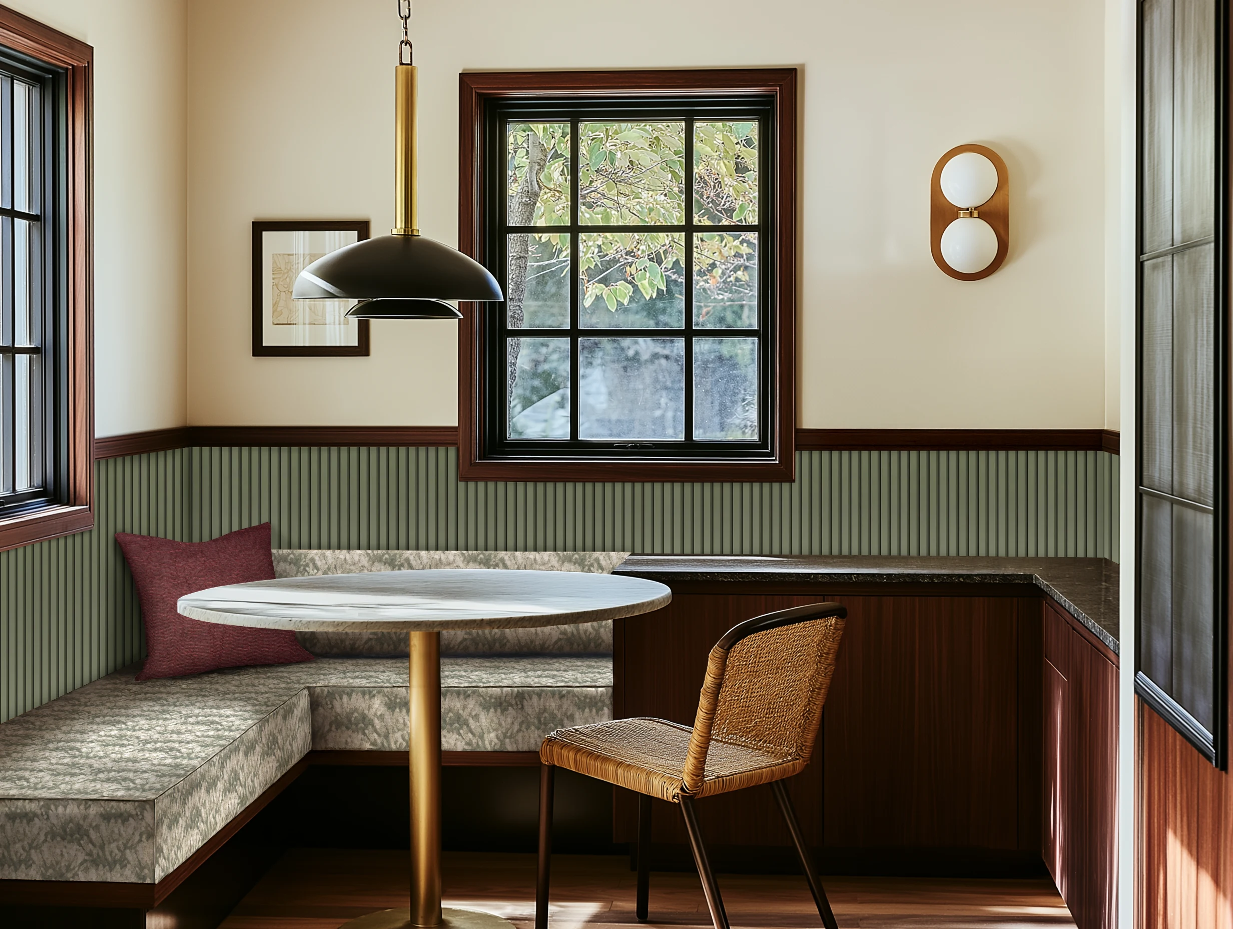 A real photograph of a cozy breakfast nook with painted beadboard wainscoting, a small round table, bentwood chairs, and morning light through linen curtains