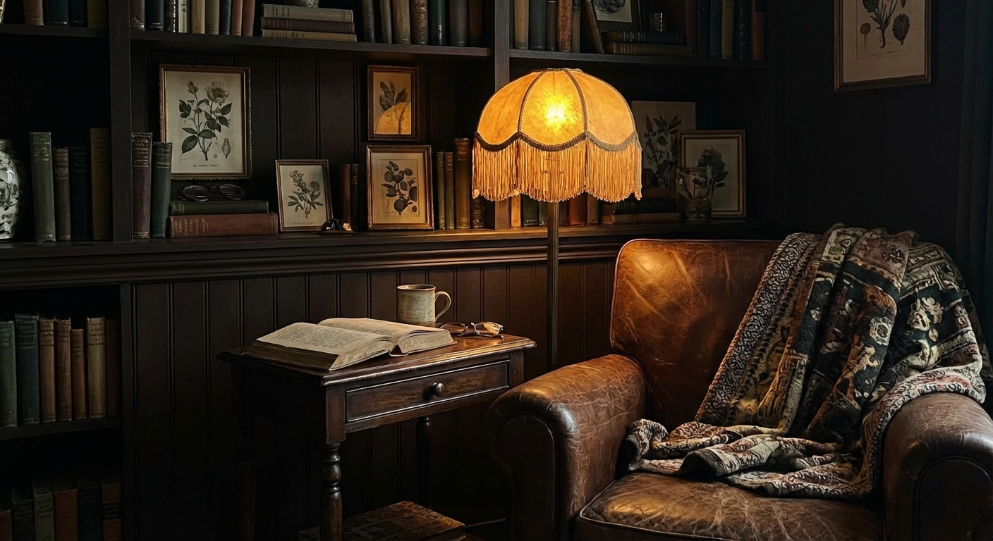 A real photograph of a cozy reading corner with an amber-glow table lamp, a worn leather armchair, and a small side table holding a book and a mug