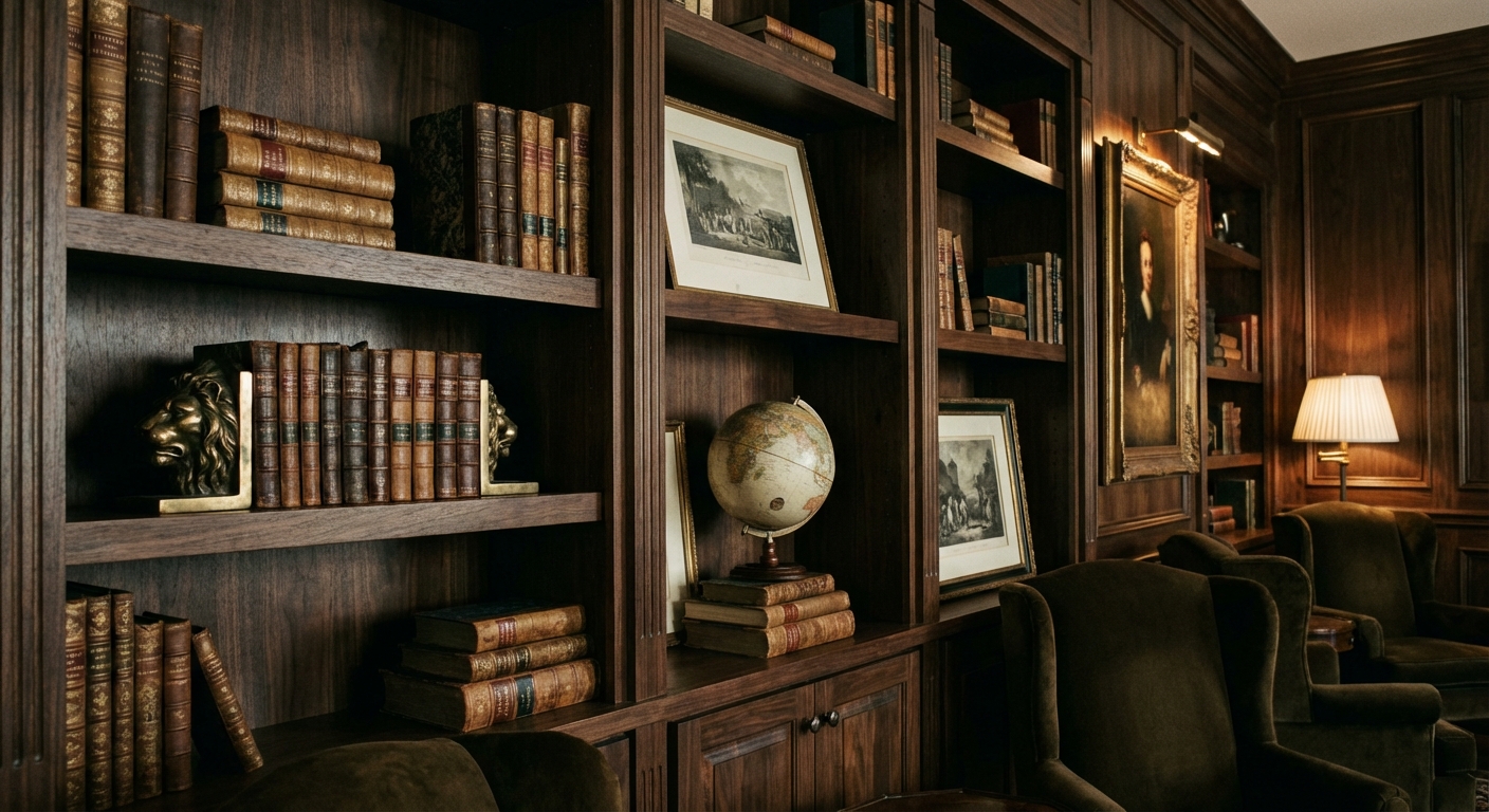 A real photograph of a dark wood bookshelf styled with mixed vertical and stacked books, brass bookends, a small globe, and framed art leaning against the back