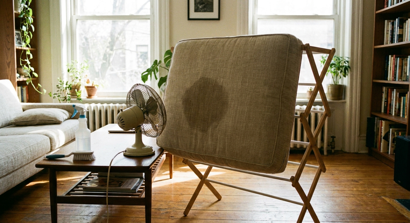 A real photograph of a fabric sofa cushion air-drying with a small tabletop fan pointed toward a recently cleaned spot, in a bright living room