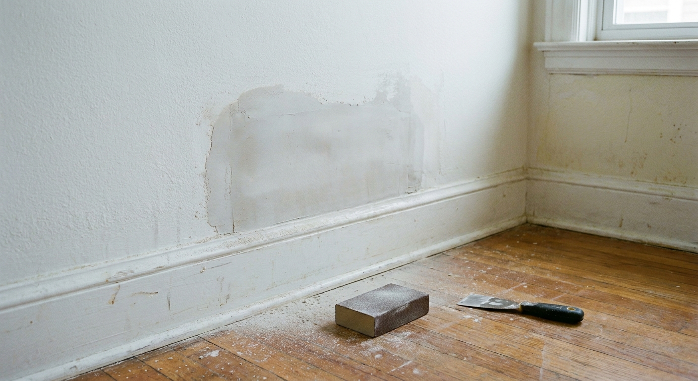 A real photograph of a freshly patched and sanded section of a white rental wall near a baseboard, ready for touch-up paint