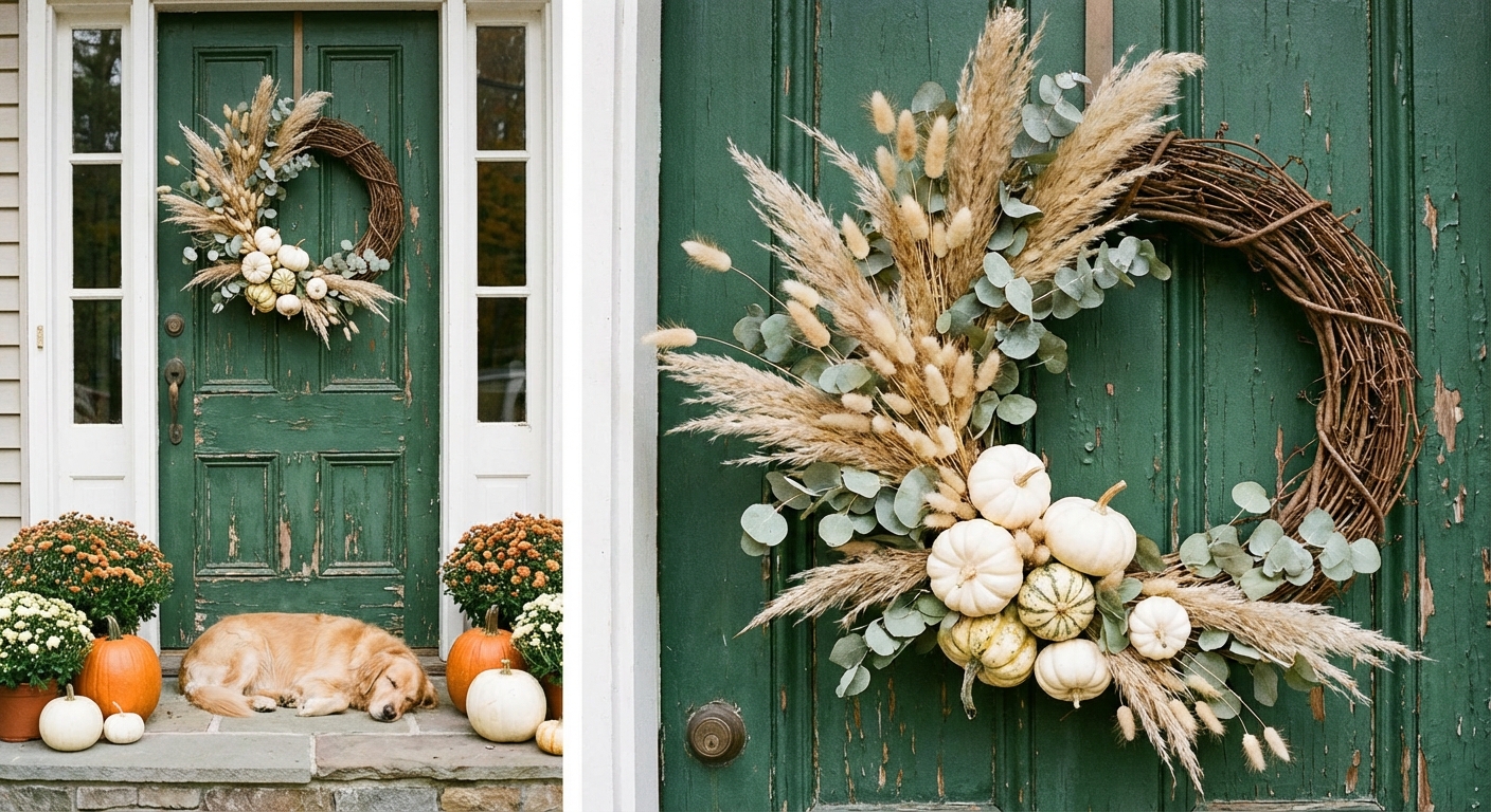 A real photograph of a front door with a grapevine wreath styled with dried grasses, eucalyptus, and small white pumpkins