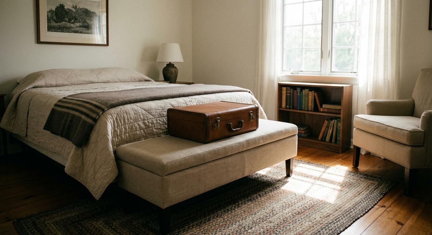 A real photograph of a guest bedroom with a simple upholstered bench at the foot of the bed and a closed suitcase resting neatly on top