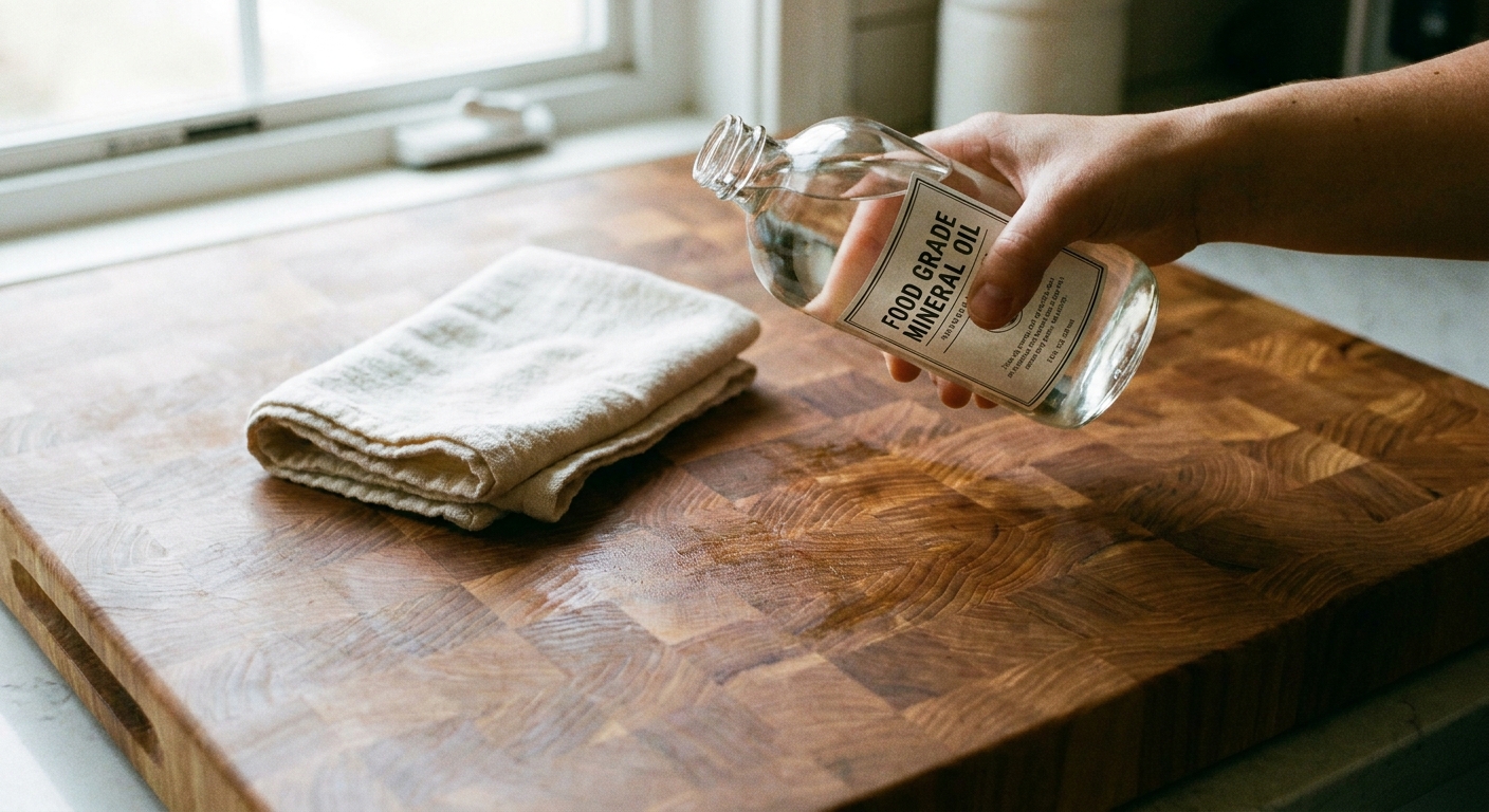 A real photograph of a hand holding a bottle of food-grade mineral oil next to a clean butcher block countertop with a soft cotton cloth ready for conditioning