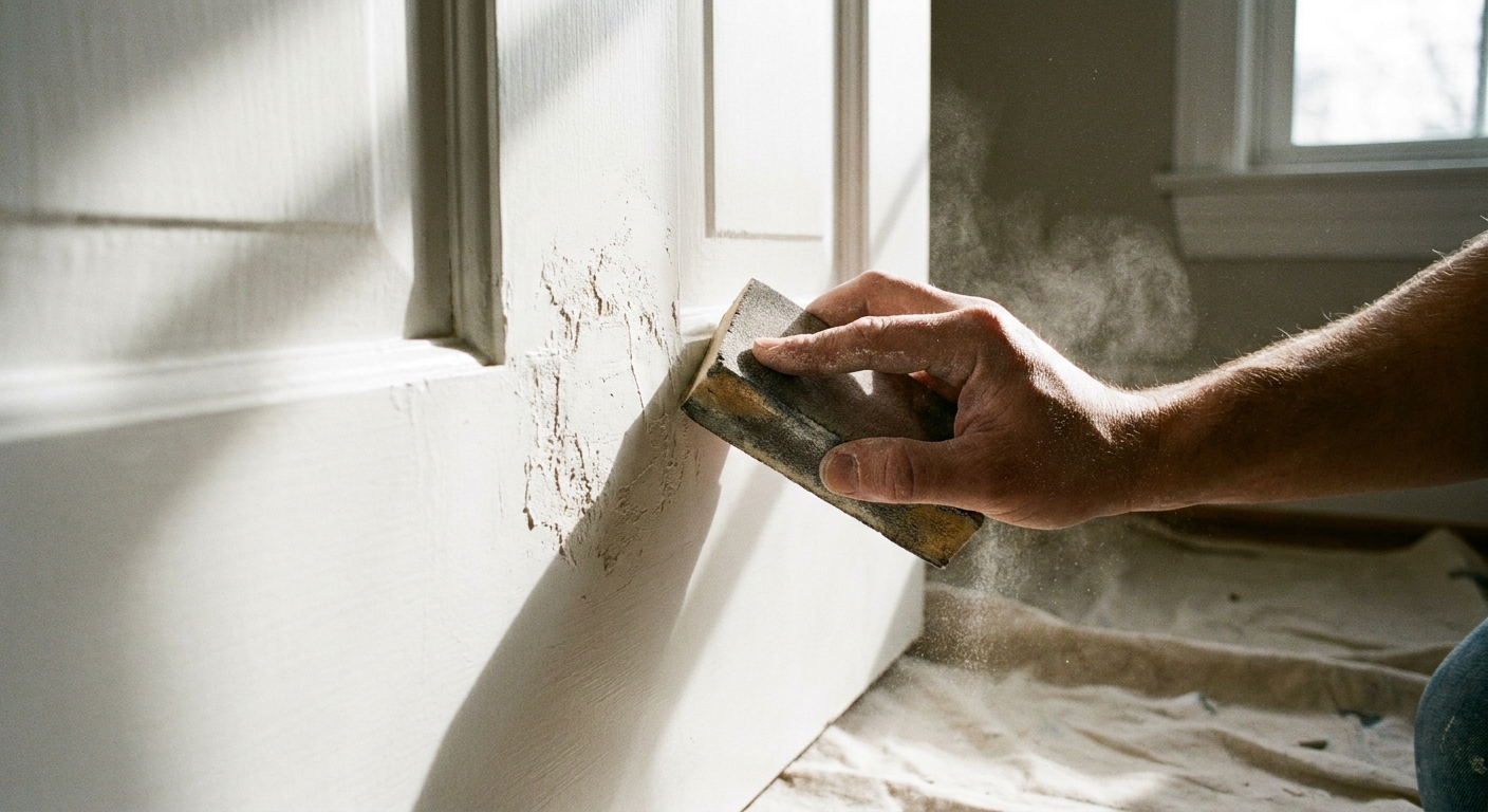 A real photograph of a hand holding a sanding block feather-sanding a dried spackle patch on a white interior door, side lighting showing surface texture