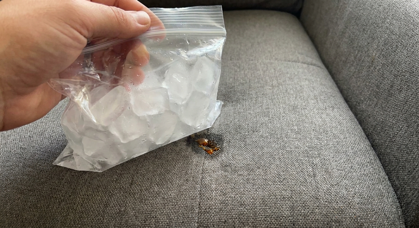 A real photograph of a hand holding a zip-top bag of ice against a small sticky sap spot on a gray fabric sofa cushion