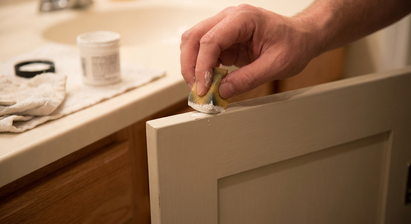 A real photograph of a hand using a small foam sponge to dab white paint onto a tiny scuff on a cabinet face frame, soft indoor lighting