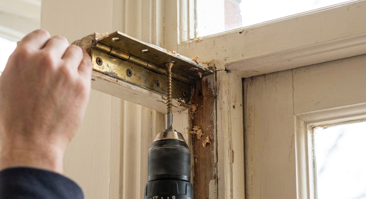 A real photograph of a long wood screw being driven into the top hinge on the door frame side, with the hinge plate visible against painted trim