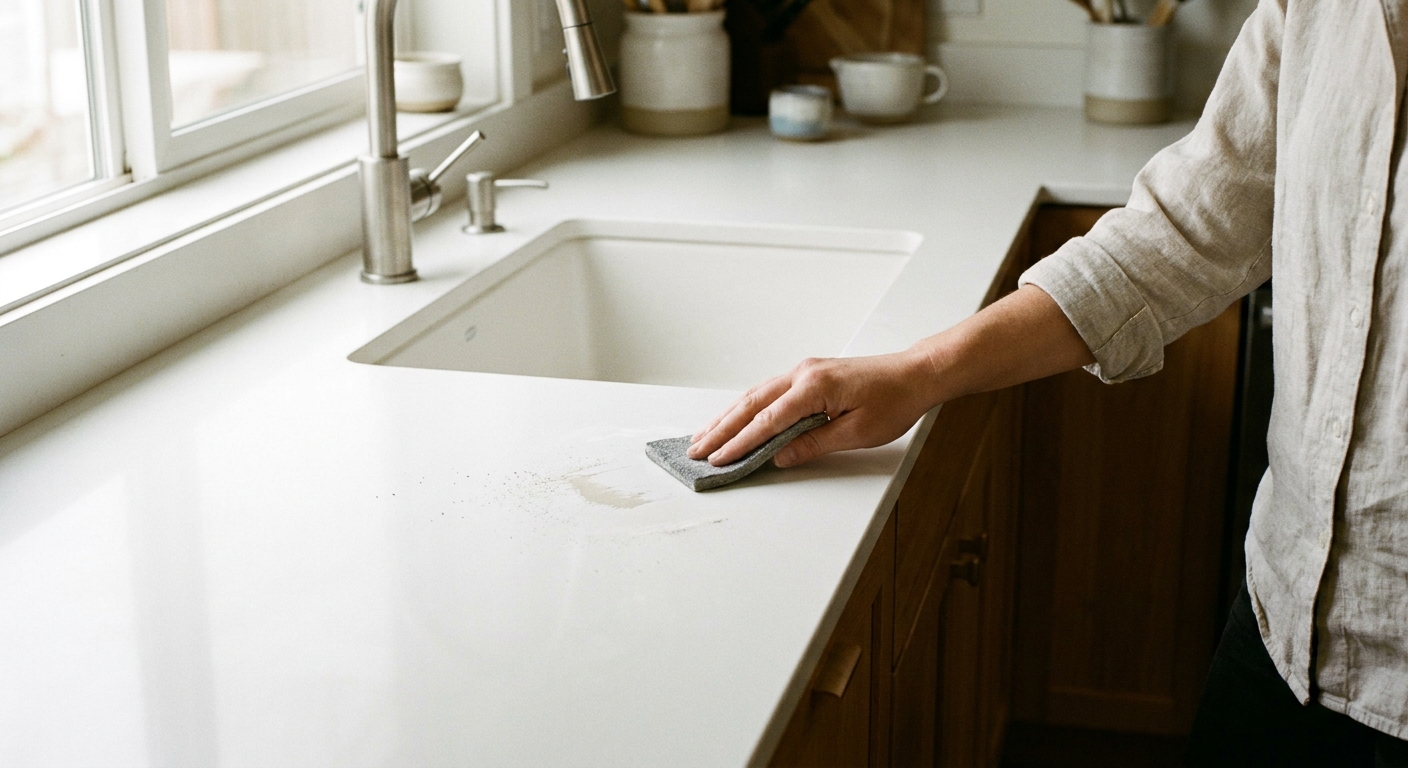 A real photograph of a matte white solid surface kitchen countertop with a person lightly sanding a small scratch using a gray sanding pad near a sink, soft daylight