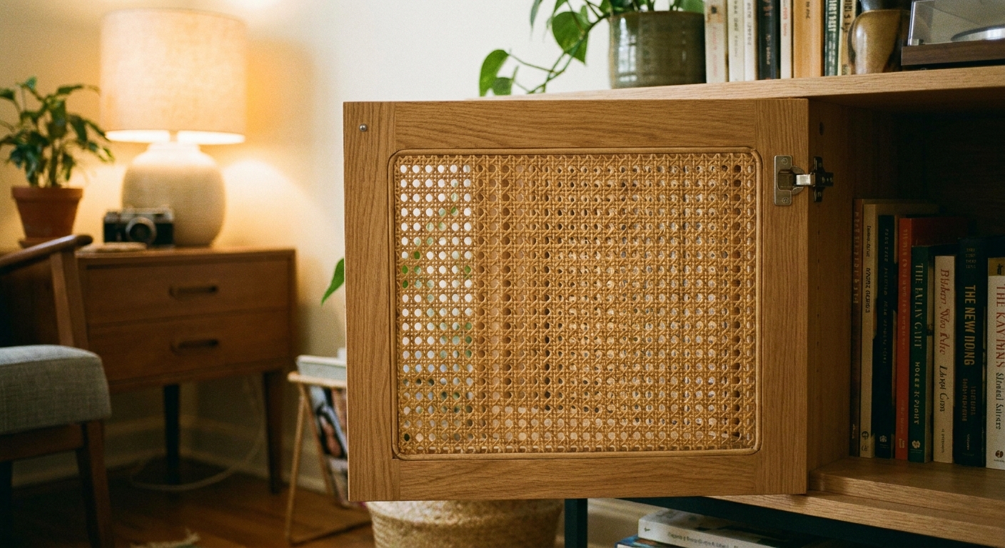 A real photograph of a natural rattan cane panel installed in a cabinet door with a light wood frame, shot in warm indoor light