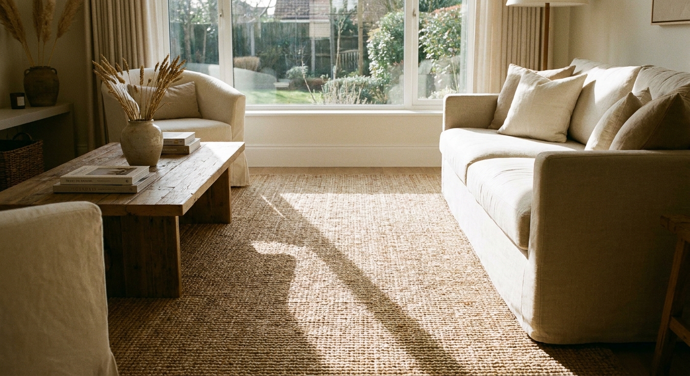 A real photograph of a natural sisal rug in a bright living room with sunlight across the woven fibers, a wood coffee table nearby, and a calm neutral palette