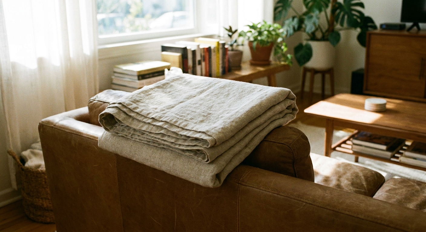 A real photograph of a neatly folded natural linen throw blanket resting on the arm of a tidy living room sofa in soft daylight