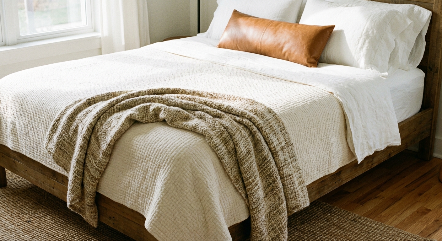 A real photograph of a neatly made bed with white linen sheets, a cream quilt, and a single caramel leather lumbar pillow, with a woven throw draped casually at the foot