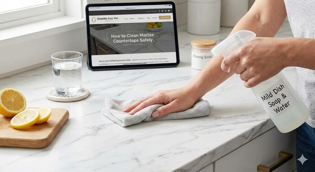 A real photograph of a neutral dish soap bottle and a folded microfiber cloth beside a marble countertop next to a kitchen faucet