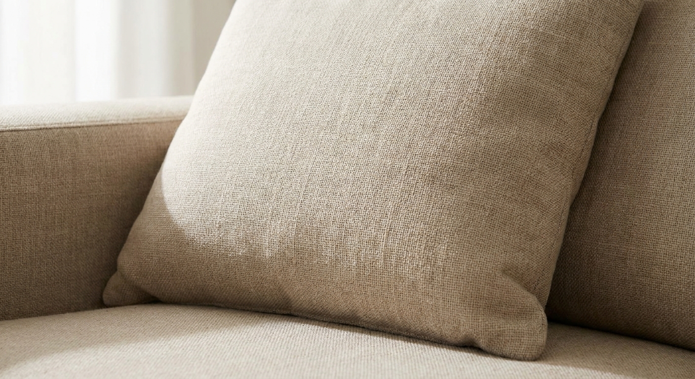 A real photograph of a neutral linen-textured sofa cushion in soft daylight, looking clean and dry with no visible sticky spot