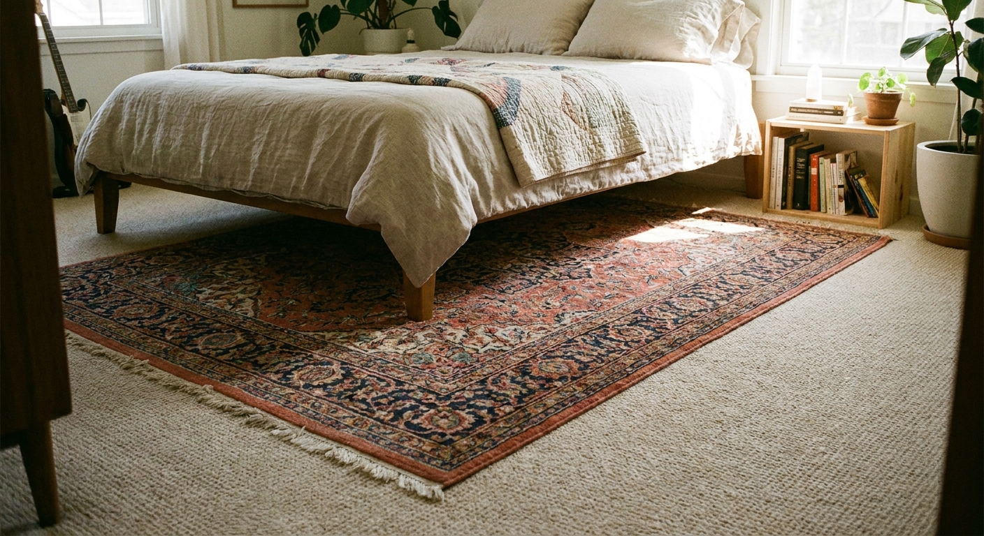 A real photograph of a patterned area rug layered over beige wall-to-wall carpet in a bedroom with a bed partially on the rug