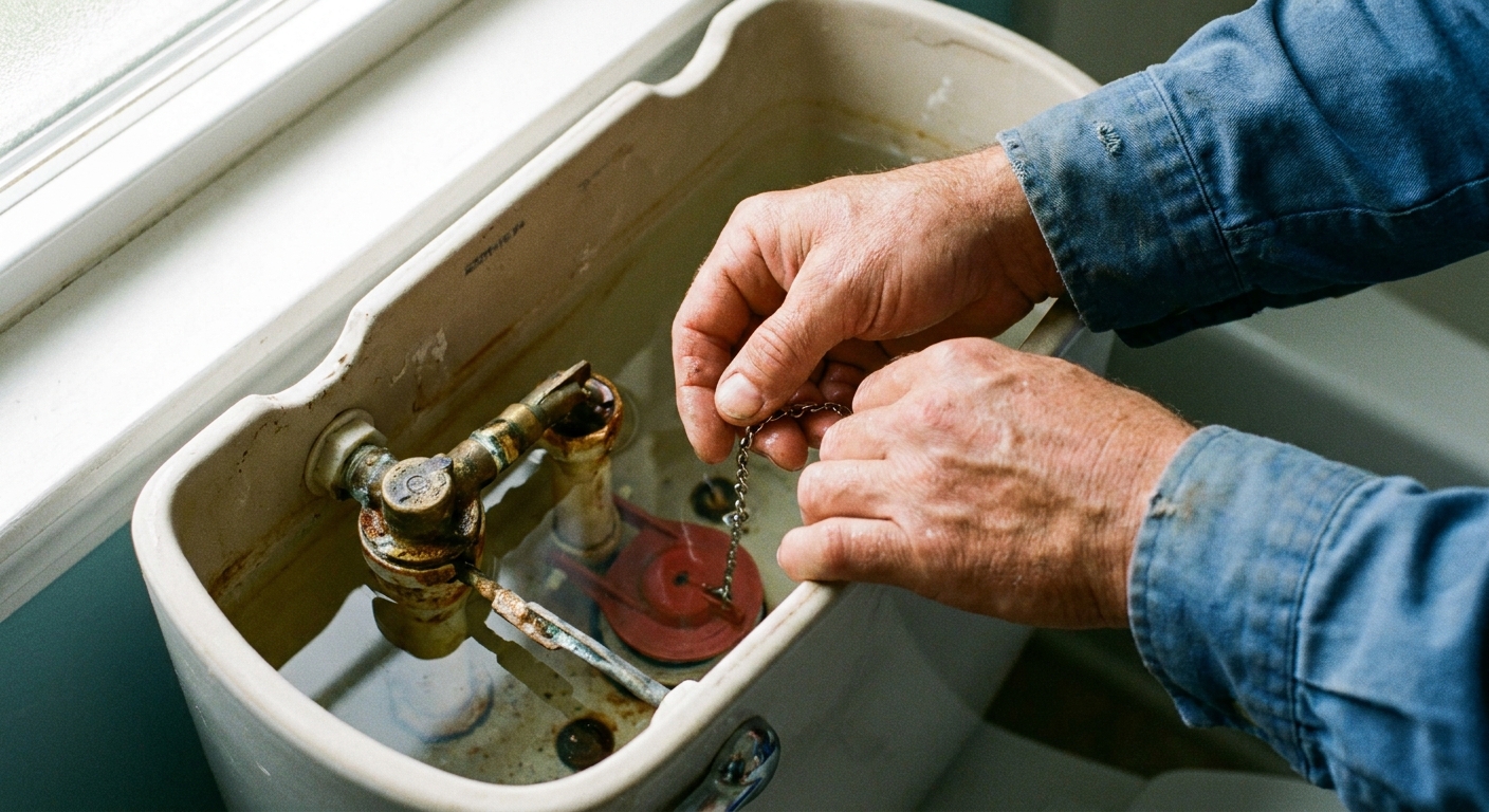 A real photograph of a person adjusting the small chain connected to a toilet flapper inside the tank