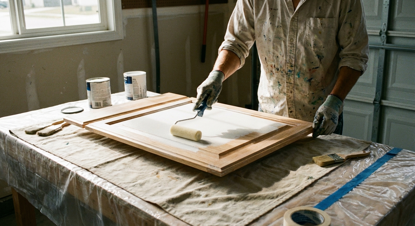 A real photograph of a person applying white primer to a cabinet door with a small foam roller on a covered work surface