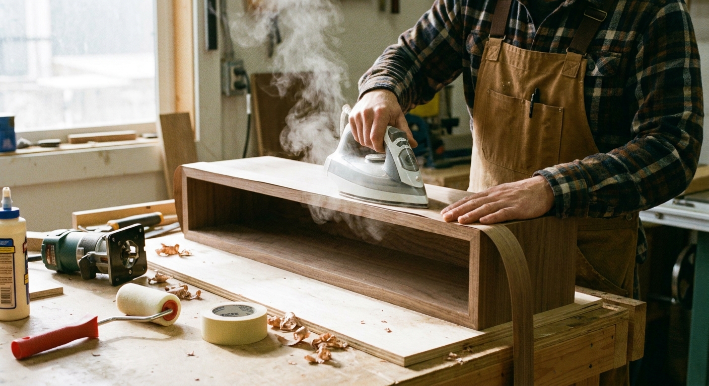A real photograph of a person applying wood veneer edge banding to the front edge of a floating shelf using a household iron on a worktable