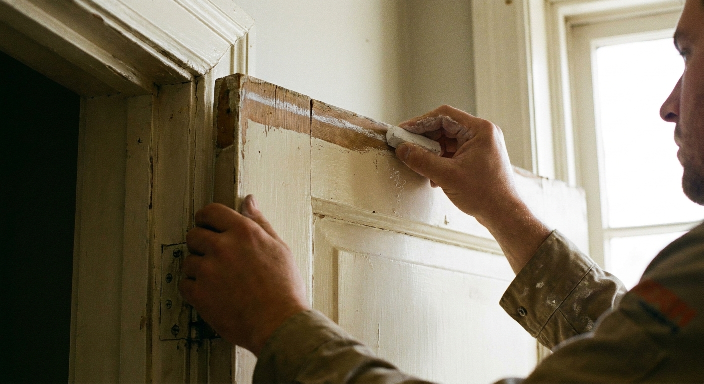 A real photograph of a person holding a piece of white chalk and marking the edge of a painted wooden door near the top corner to locate where it is sticking